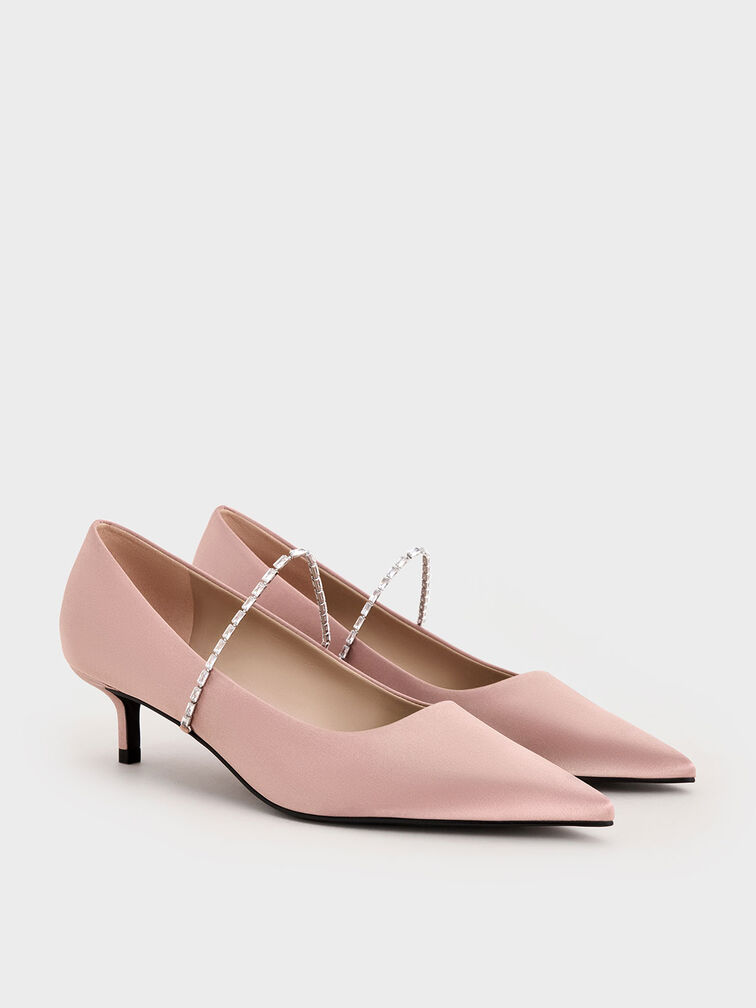Satin Embellished-Strap Pointed-Toe Pumps, Nude, hi-res
