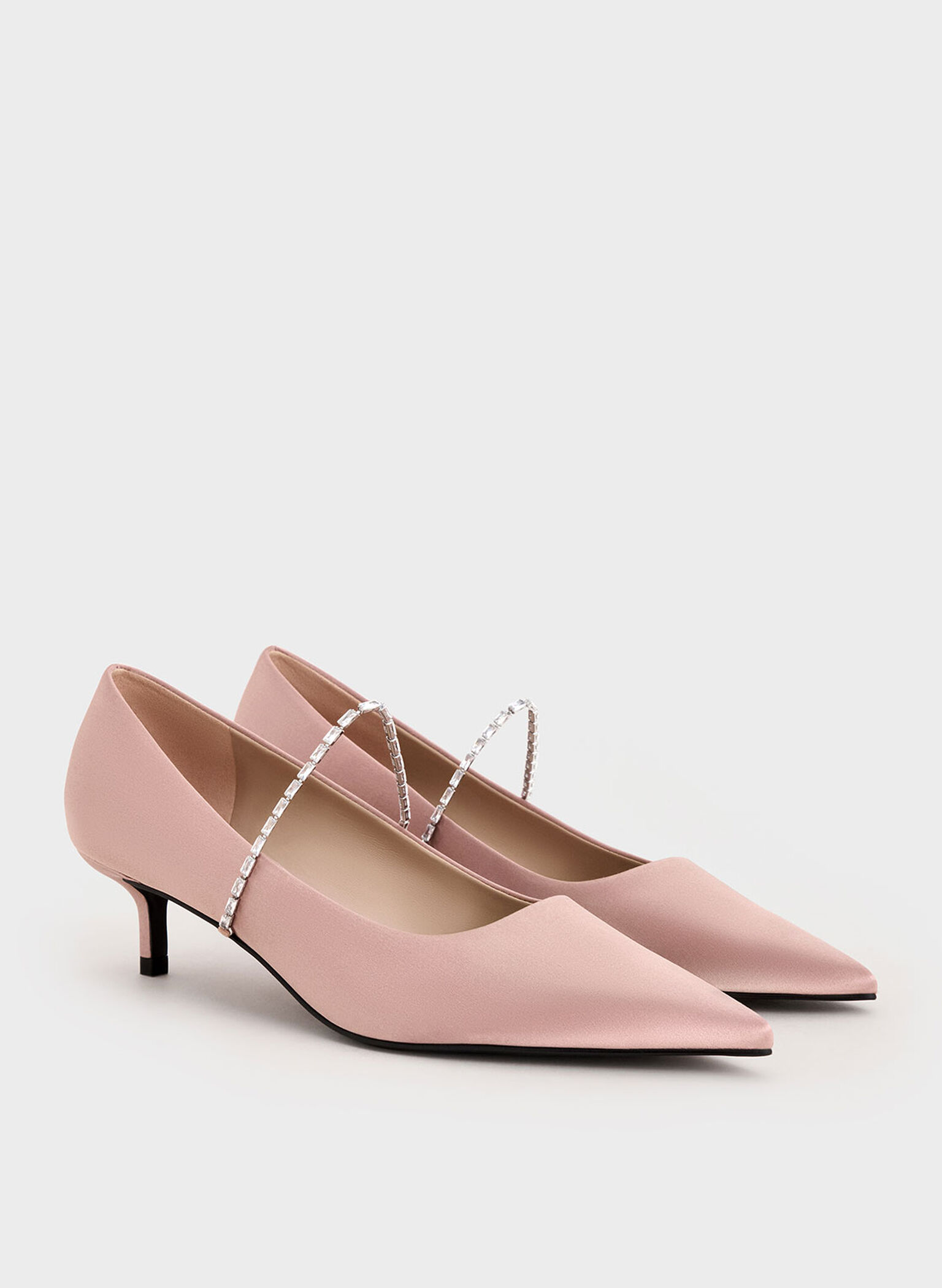 Satin Embellished-Strap Pointed-Toe Pumps, Nude, hi-res