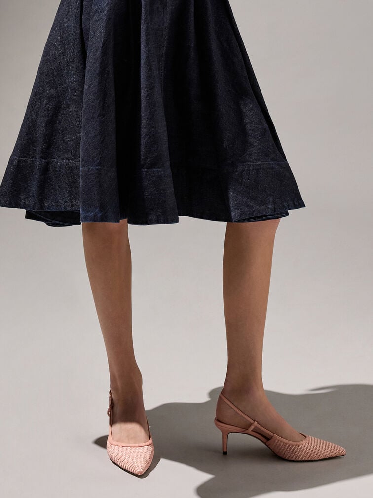 Raffia Pointed-Toe Slingback Pumps, Peach, hi-res
