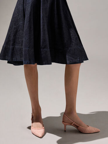 Raffia Pointed-Toe Slingback Pumps, Peach, hi-res