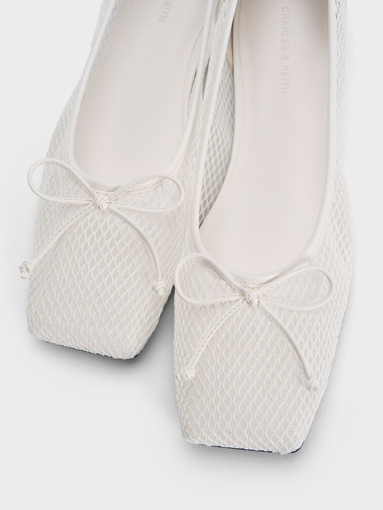 Mesh Square-Toe Bow Ballet Flats, White, hi-res