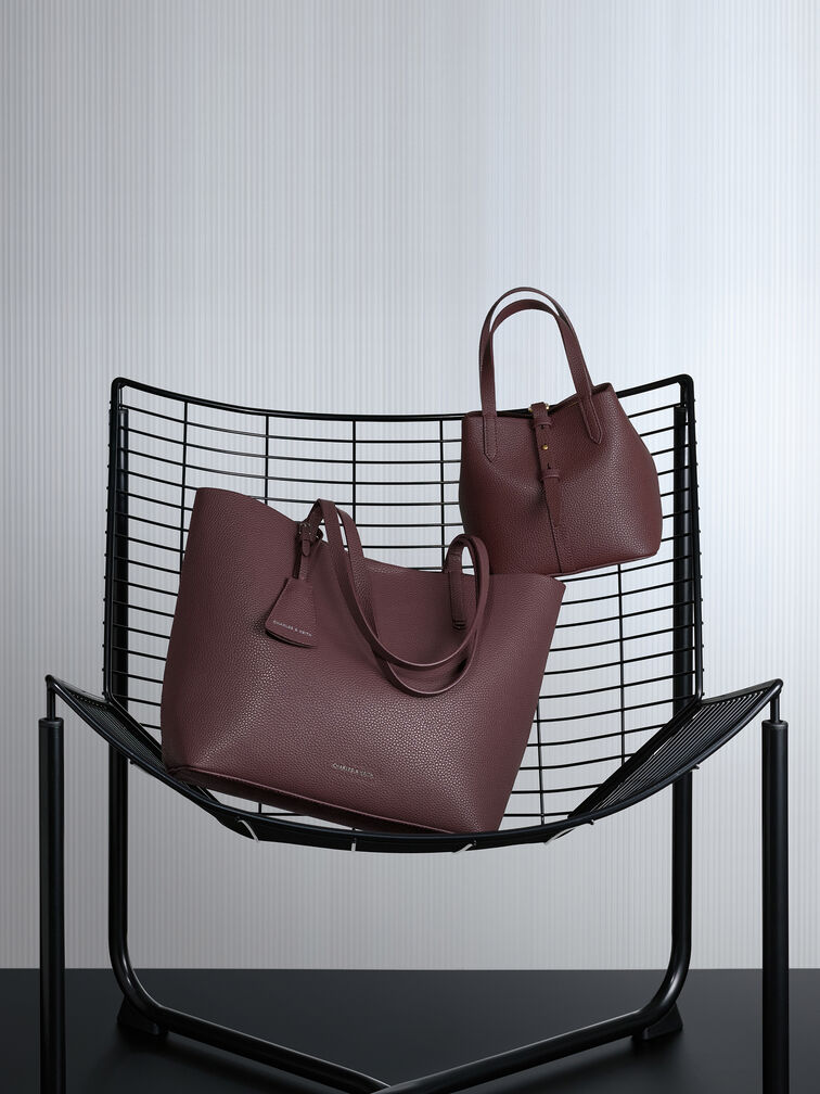 Beryl Recycled Leather Double-Handle Belted Bucket Bag, Wineberry Red, hi-res