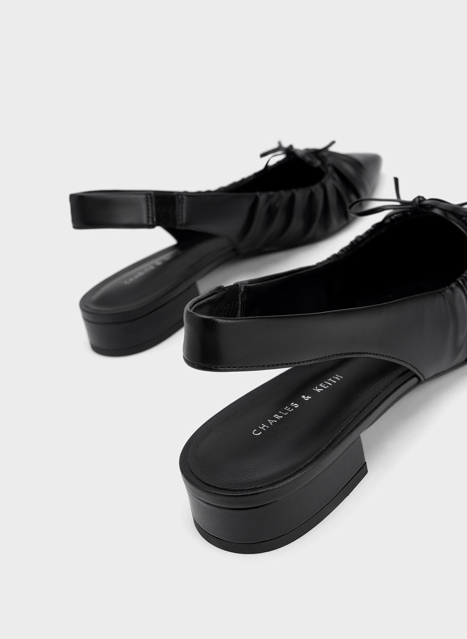 Bow Ruched Slingback Flats, Black, hi-res