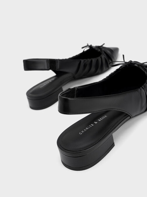Bow Ruched Slingback Flats, Black, hi-res
