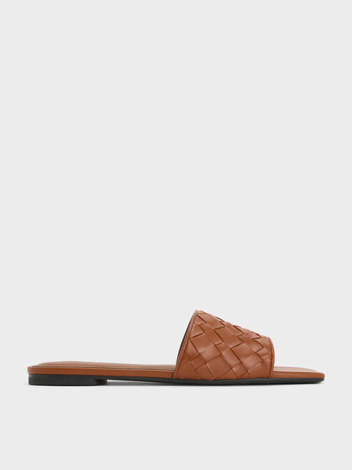 Woven Slide Sandals, Brown, hi-res