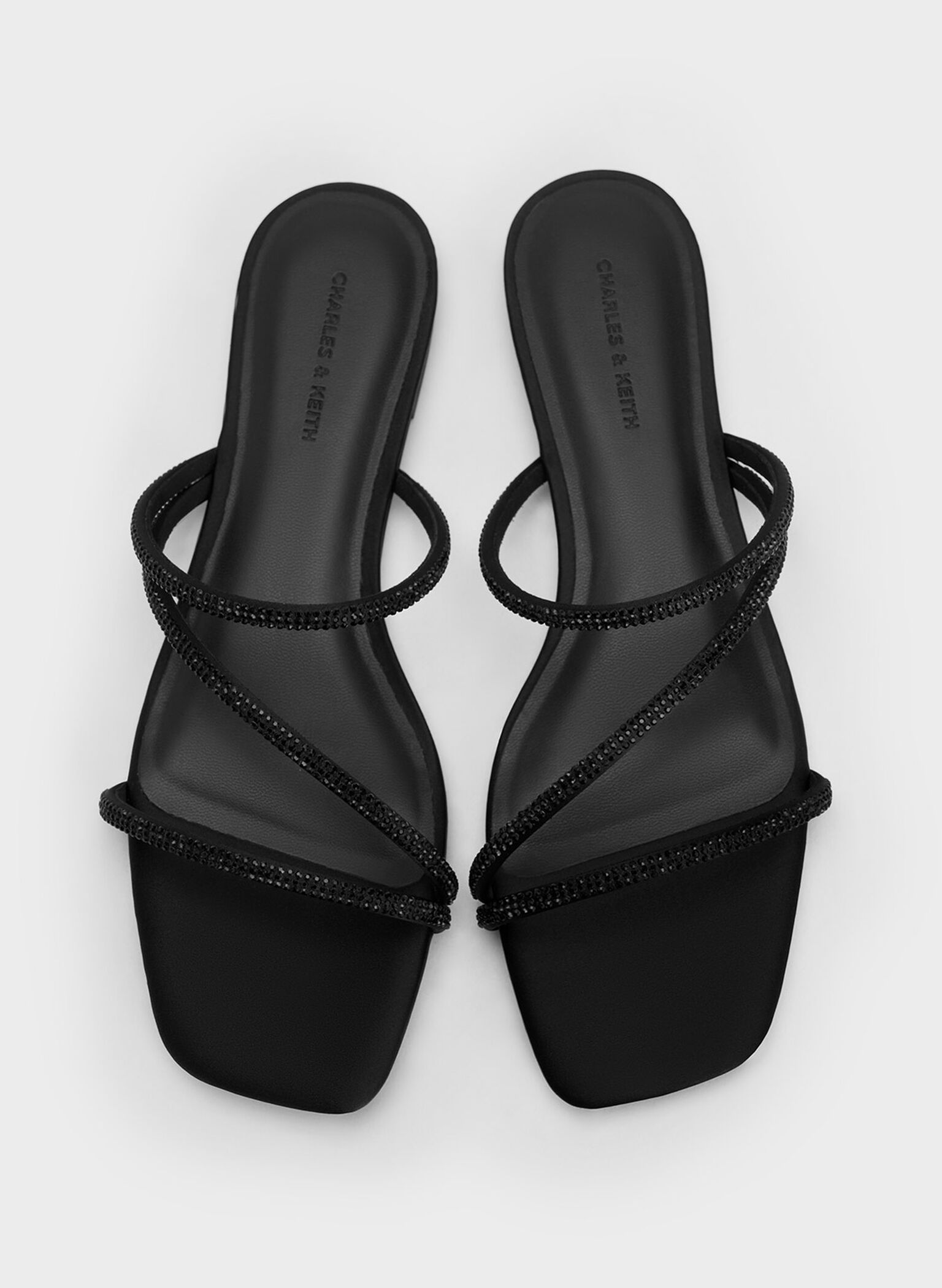 Satin Crystal-Embellished Strappy Sandals, Black Textured, hi-res