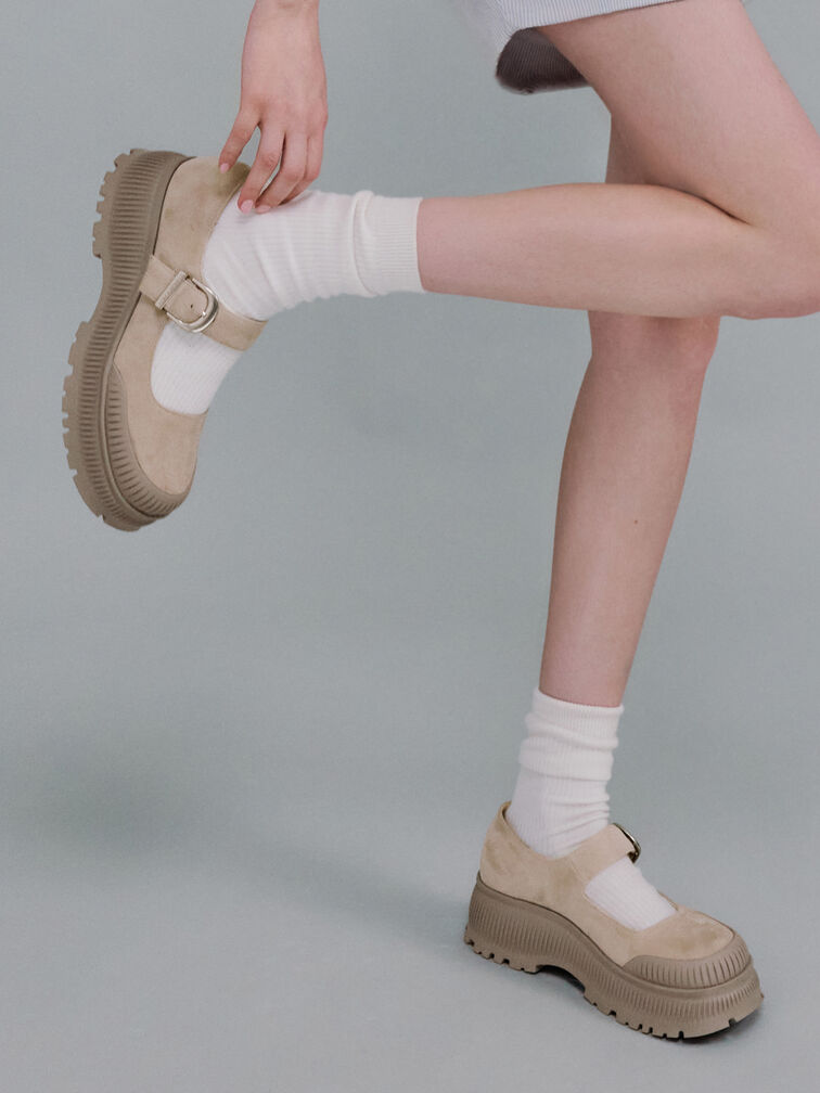 Darra Faux Suede Ridged-Sole Platform Mary Janes, Beige, hi-res