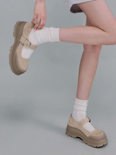 Darra Faux Suede Ridged-Sole Platform Mary Janes, Beige, hi-res
