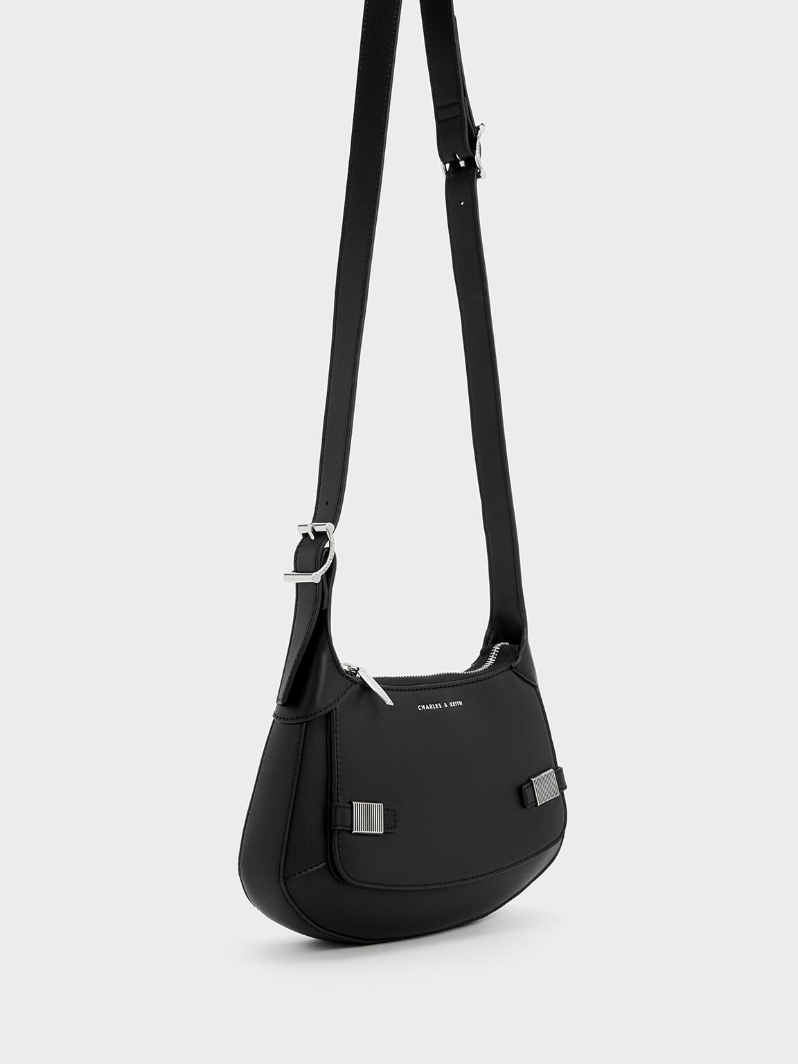 Metallic Accent Curved Shoulder Bag Black