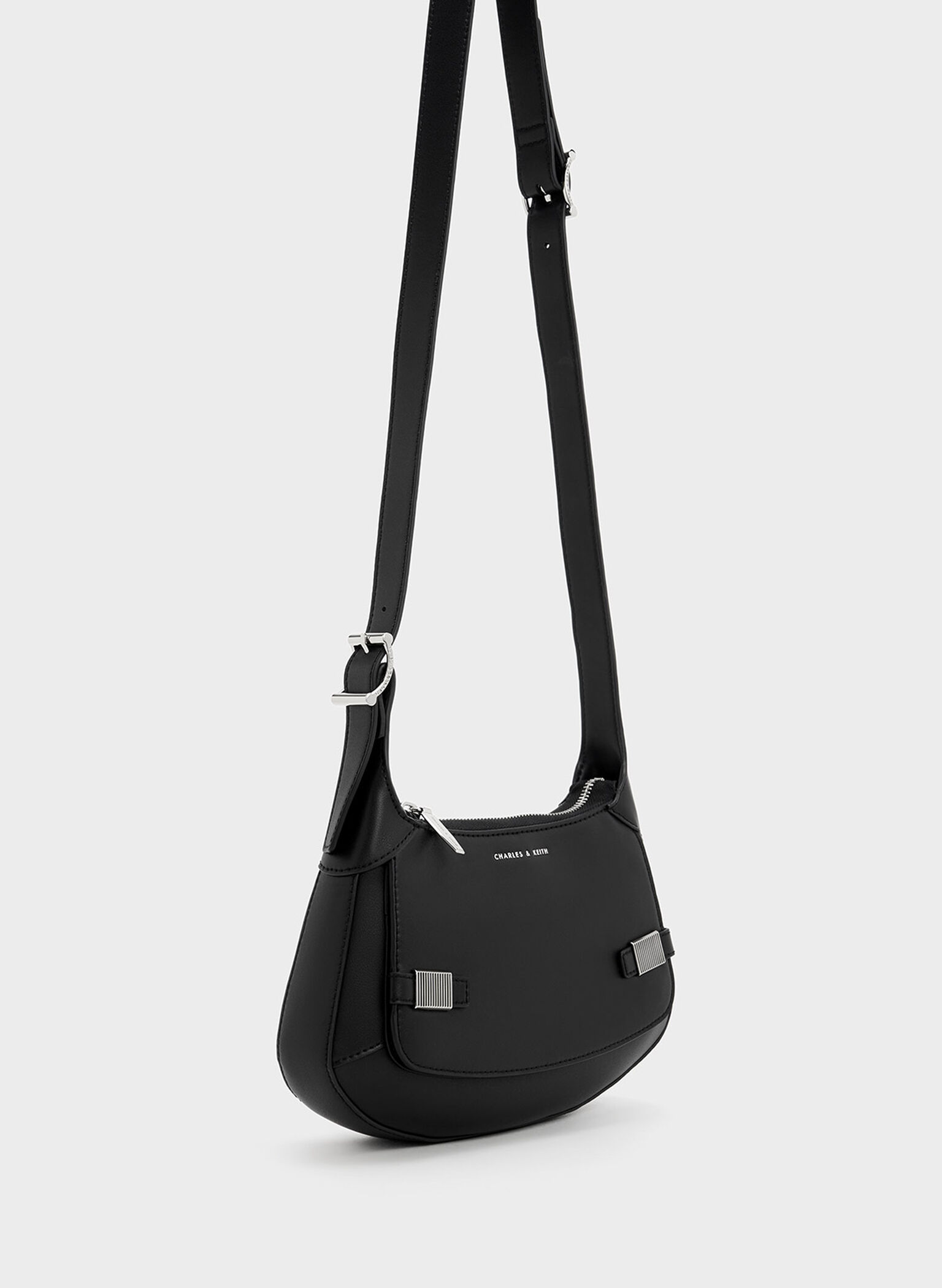 Metallic-Accent Curved Shoulder Bag, Black, hi-res