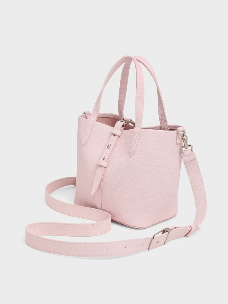 Beryl Recycled Leather Double-Handle Belted Bucket Bag, Cotton Candy Pink, hi-res