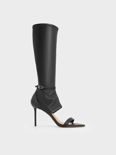 Gabriel Leather Stiletto-Heel Boot Sandals, Black, hi-res