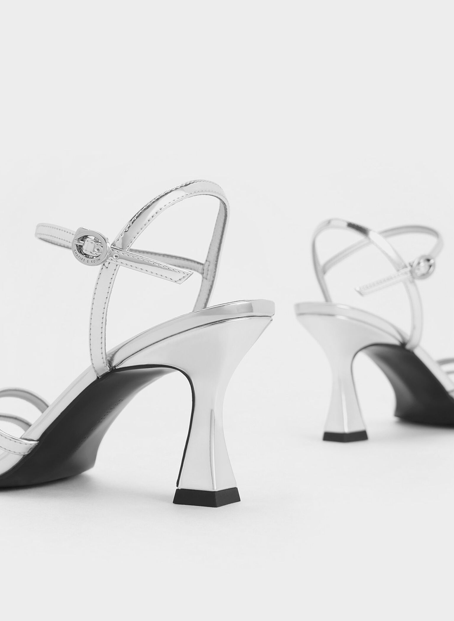 Silver Metallic Strappy Trapeze Heel Sandals - CHARLES & KEITH UK