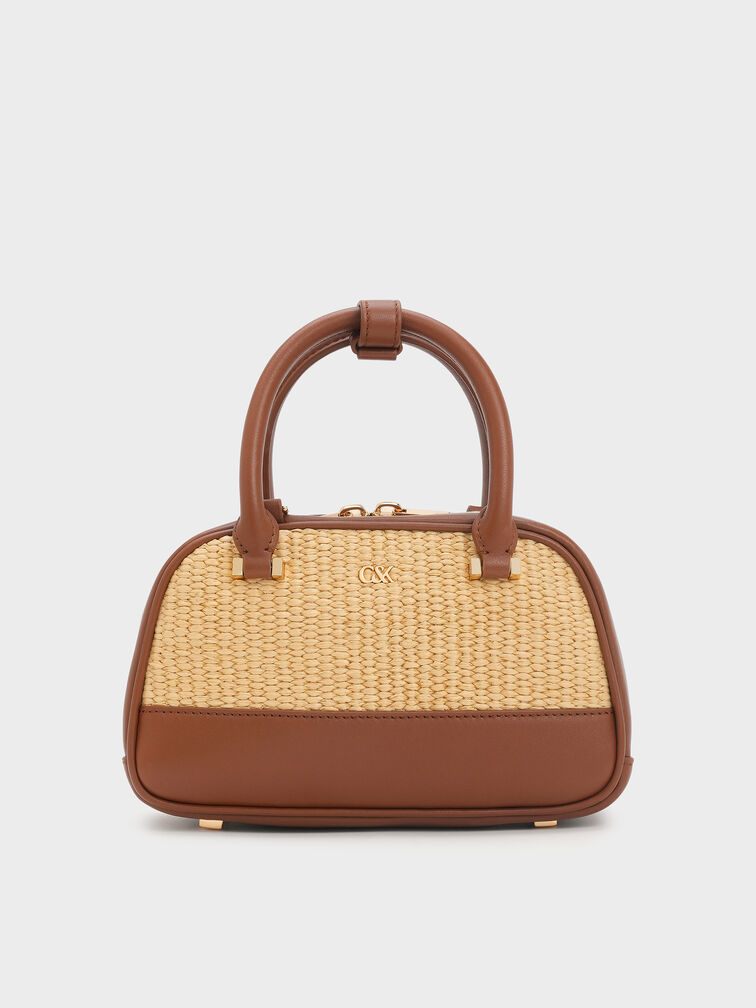 Leather & Raffia Bowling Bag, Neutral Raffia, hi-res
