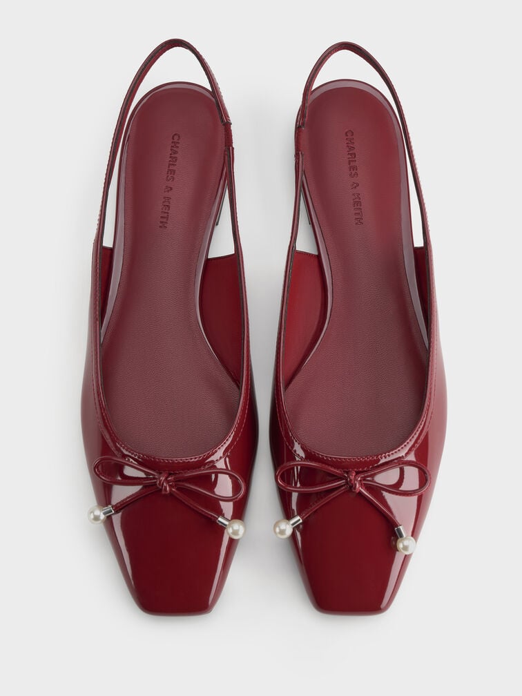 Barbara Patent Pearl-Embellished Bow Slingback Flats, Red, hi-res