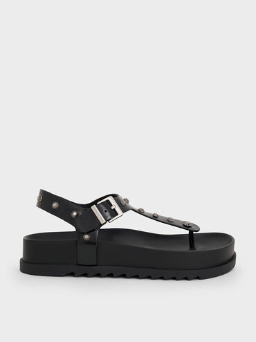 Studded Heart-Embellished Thong Sandals, Black, hi-res