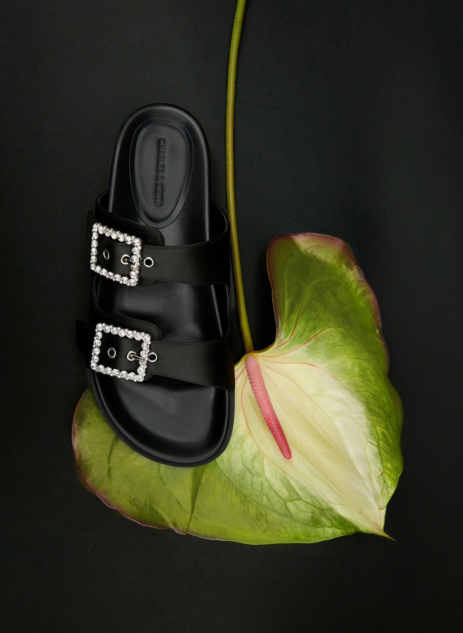 Recycled Polyester Gem-Buckle Double-Strap Sandals, Black Textured, hi-res