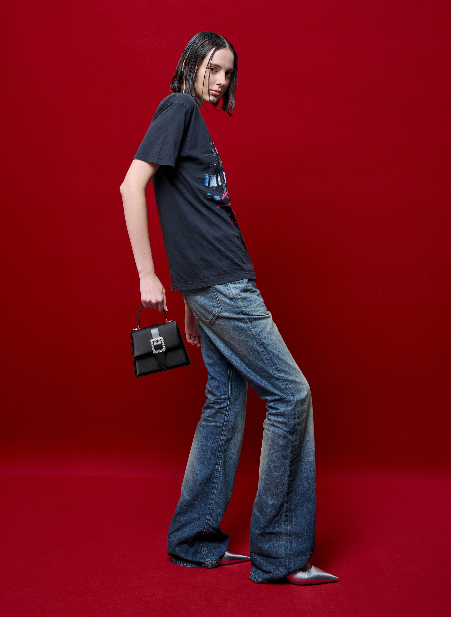 Satin Crystal-Buckle Belted Top Handle Bag, Noir, hi-res