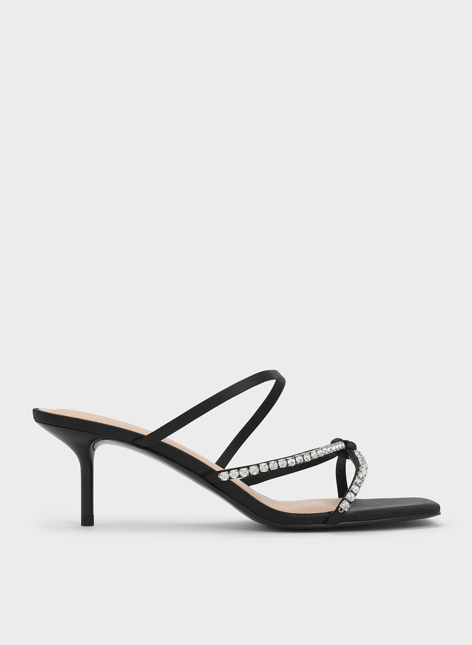 Recycled Polyester Gem-Embellished Strappy Heeled Sandals, Black Textured, hi-res
