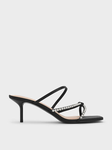 Recycled Polyester Gem-Embellished Strappy Heeled Sandals, Black Textured, hi-res