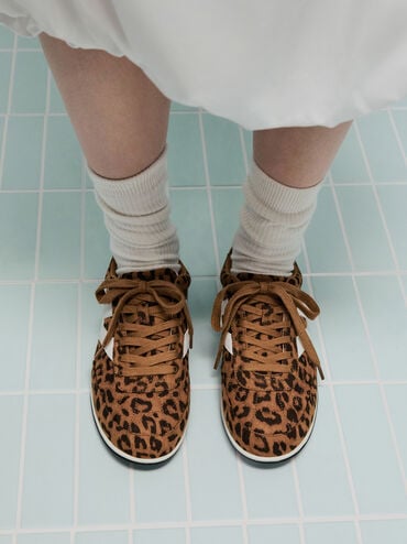 Faux Suede Leopard-Print Low-Top Sneakers, Animal Print Brown, hi-res
