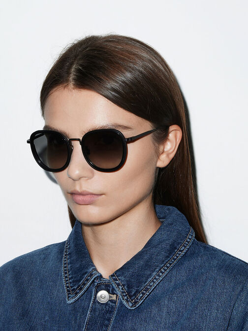 Recycled Acetate Metallic-Rim Sunglasses, Black, hi-res