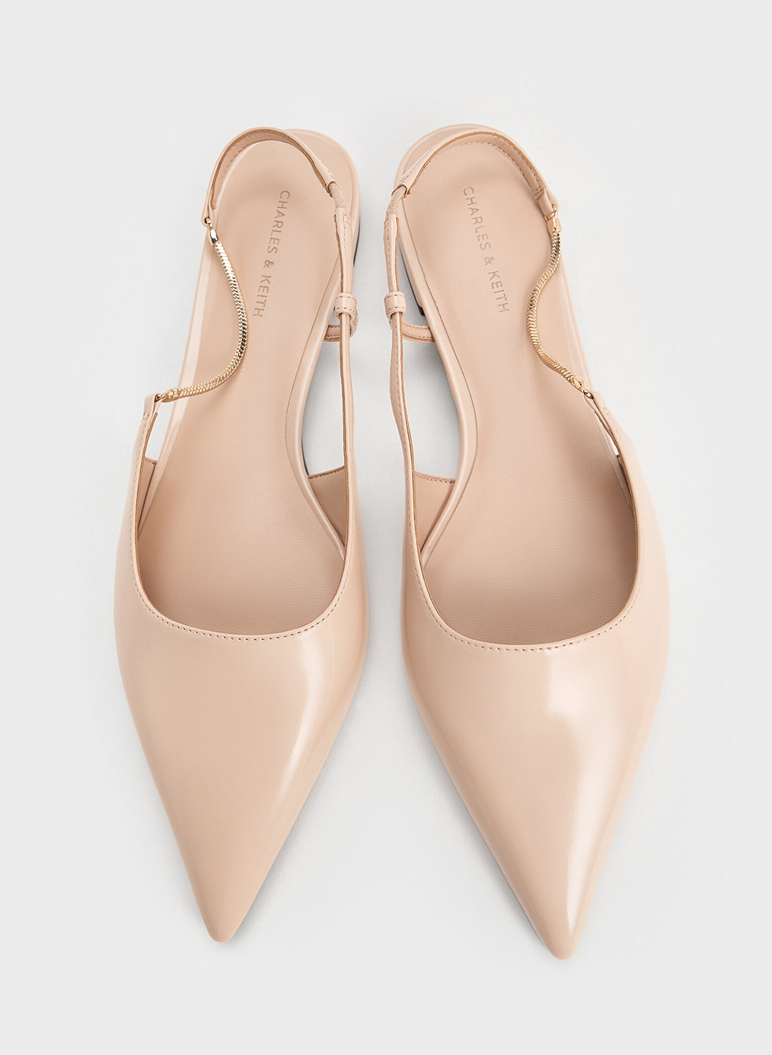 Chain-Strap Pointed-Toe Slingback Flats, Nude, hi-res