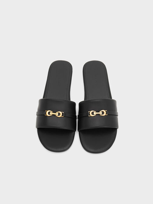 Metallic Accent Round-Toe Slide Sandals, Black, hi-res
