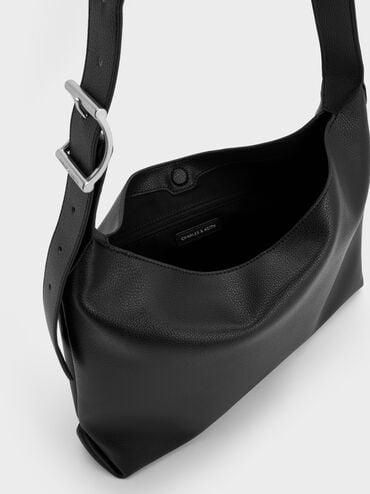 Zora Buckle-Strap Hobo Bag, Noir, hi-res