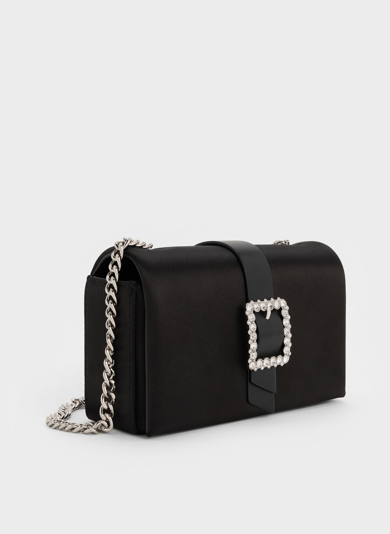 Satin Crystal-Buckle Belted Chain-Handle Bag, Noir, hi-res