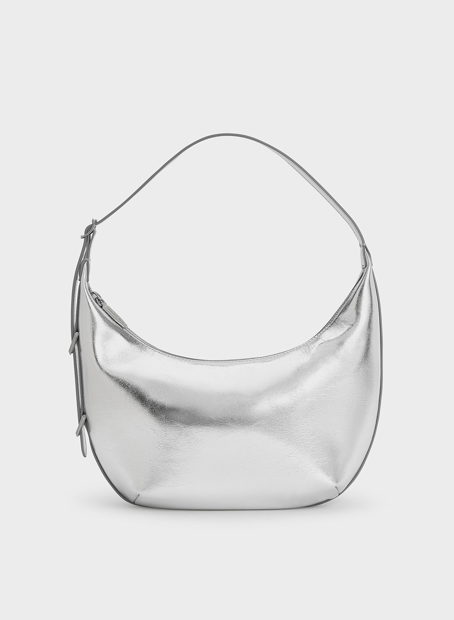 Bryna Metallic Curved Hobo Bag, Silver, hi-res
