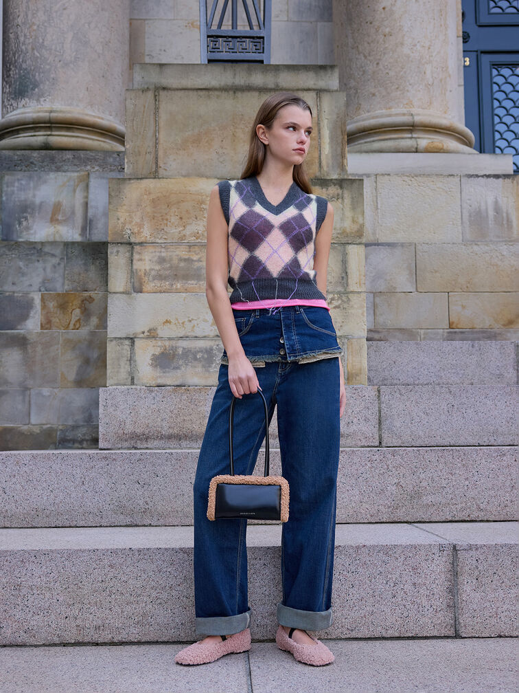 Fur-Trim Elongated-Handle Shoulder Bag, Camel, hi-res