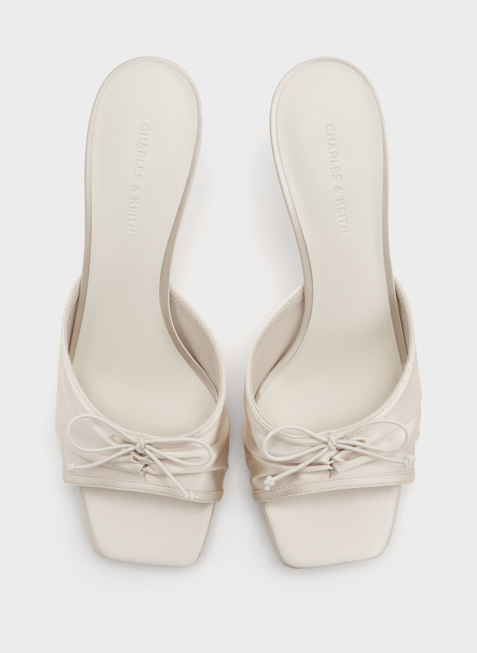 Satin Ruched Bow Heeled Mules, Chalk, hi-res