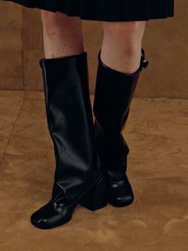 Robbie Side-Buckle Block-Heel Knee-High Boots, Black, hi-res
