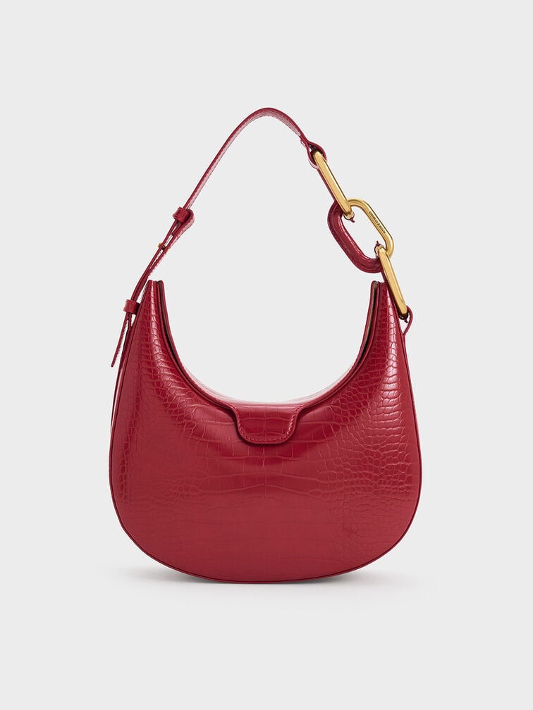 Kora Croc-Effect Metallic-Accent Moon Bag, Crimson, hi-res