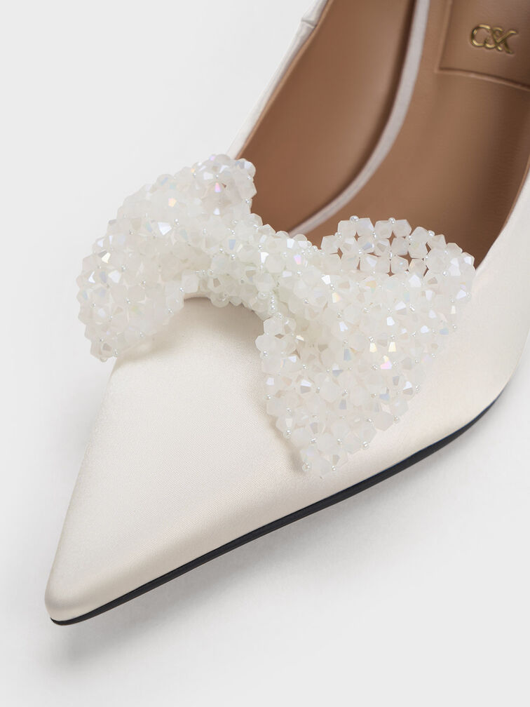 Recycled Polyester Beaded Bow Pumps, White, hi-res