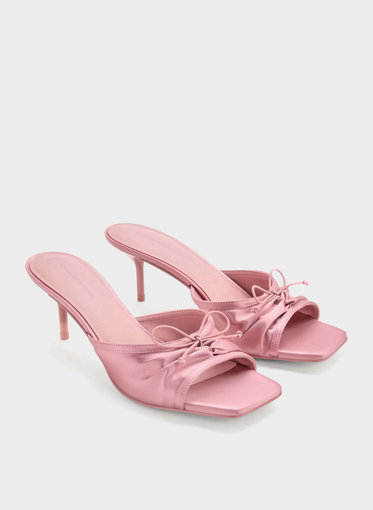 Satin Ruched Bow Heeled Mules, Pink, hi-res