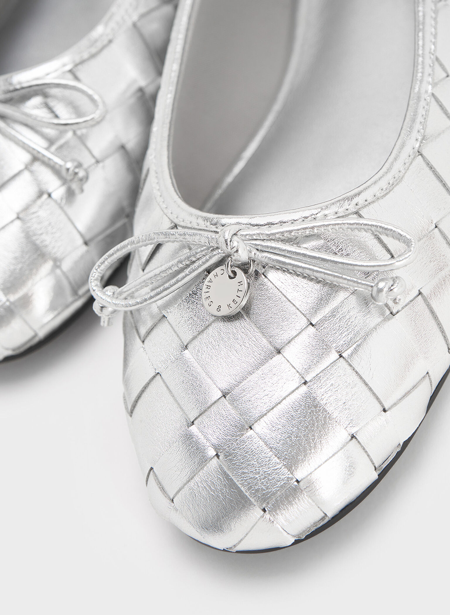 Metallic Woven Bow Ballet Flats, Silver, hi-res
