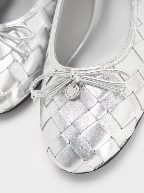 Metallic Woven Bow Ballet Flats, Silver, hi-res