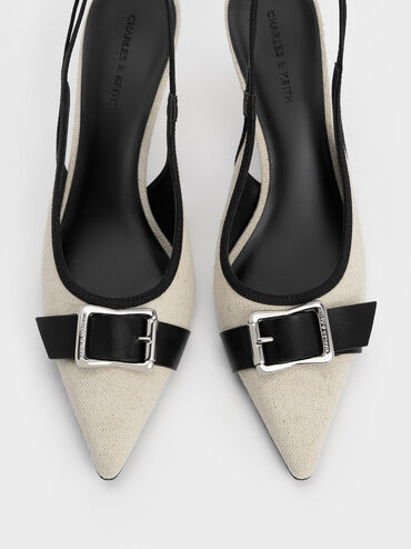 Linen Buckled Pointed-Toe Slingback Pumps, Chalk, hi-res