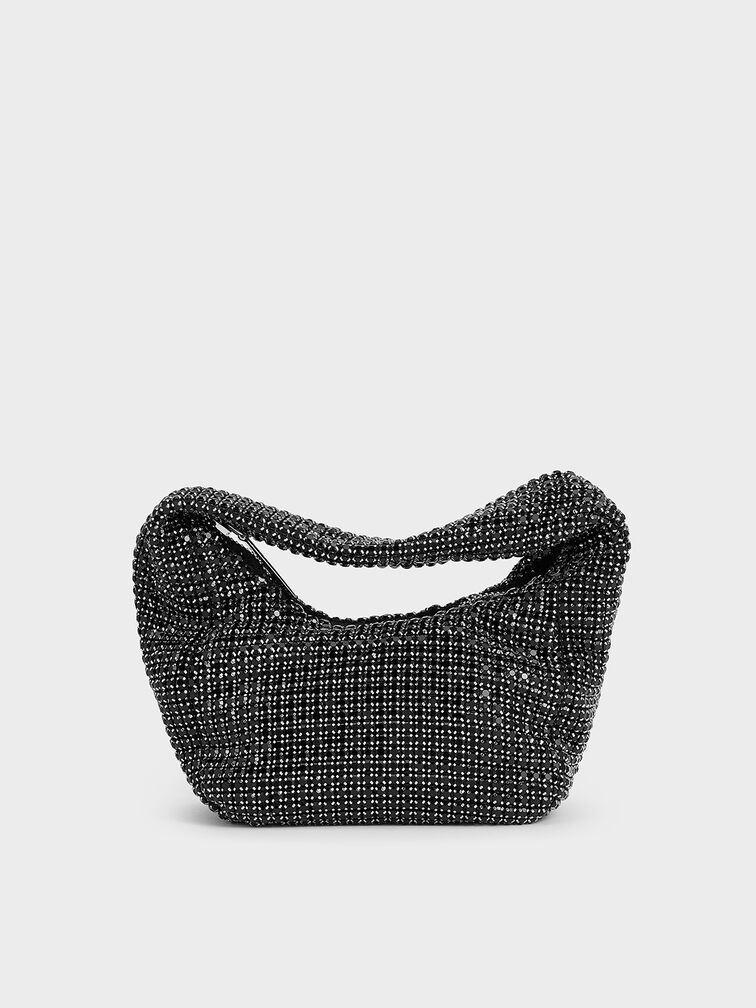Crystal-Embellished Hobo Bag, Noir, hi-res