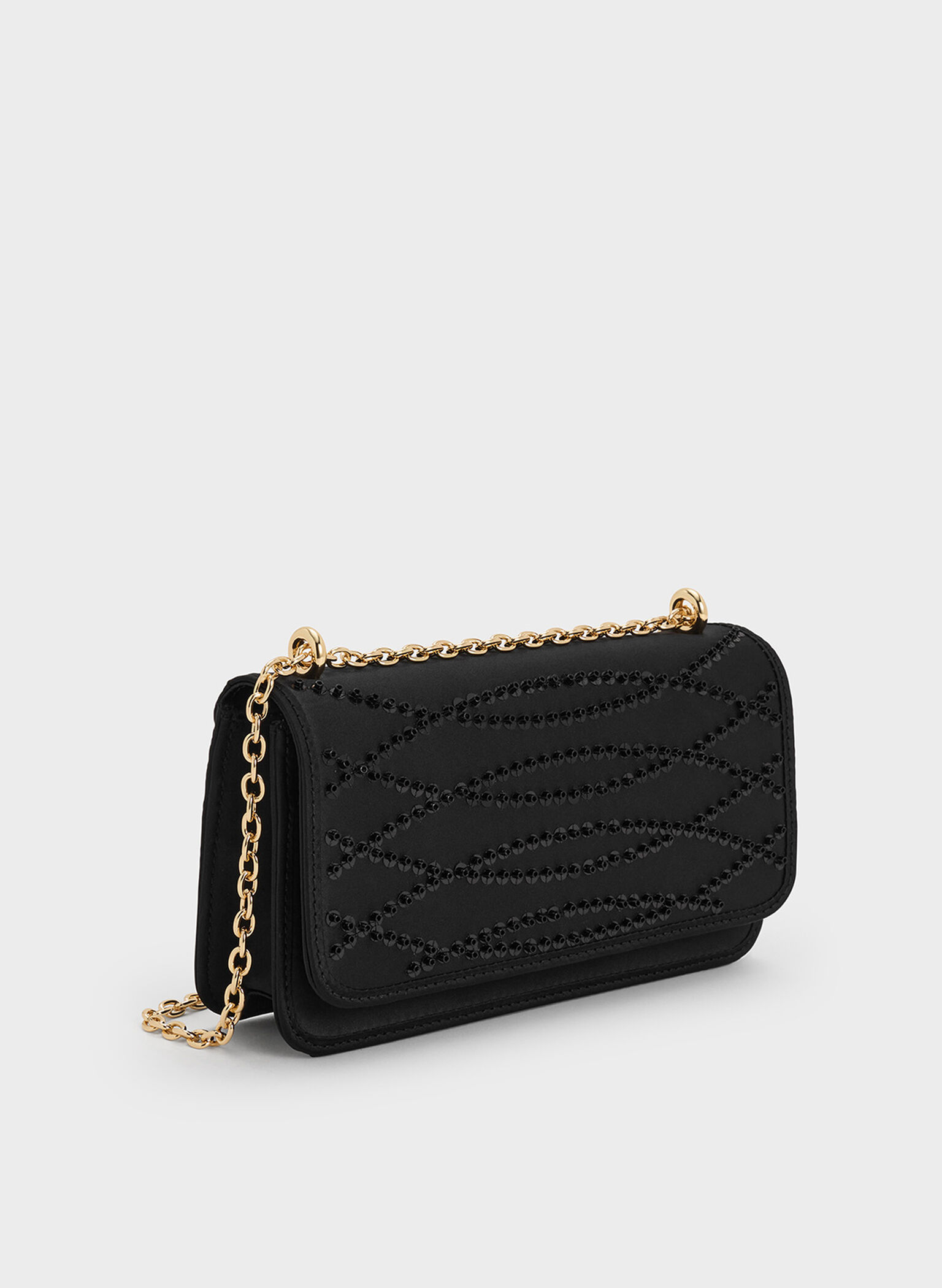 Satin Sequinned Chain-Handle Mini Bag, Black, hi-res