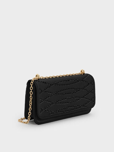 Satin Sequinned Chain-Handle Mini Bag, Black, hi-res