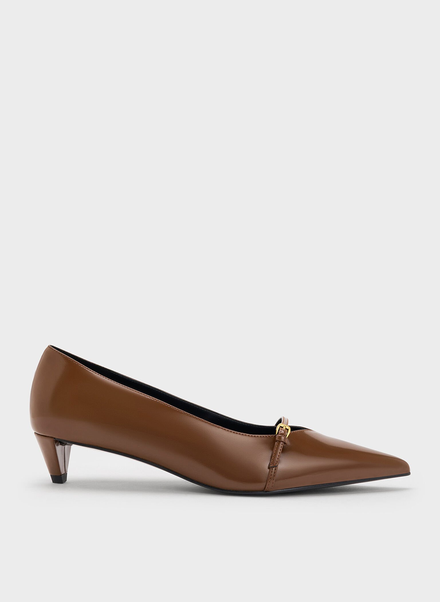 Buckled Pointed-Toe Kitten-Heel Pumps, Brown, hi-res