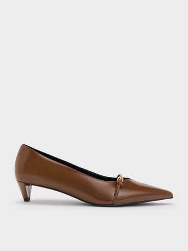 Buckled Pointed-Toe Kitten-Heel Pumps, Brown, hi-res