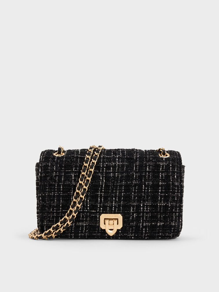 Arwen Tweed Diamond-Quilt Braided-Strap Shoulder Bag, Black Tweed, hi-res