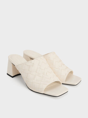 Woven Square-Toe Heeled Mules, Chalk, hi-res