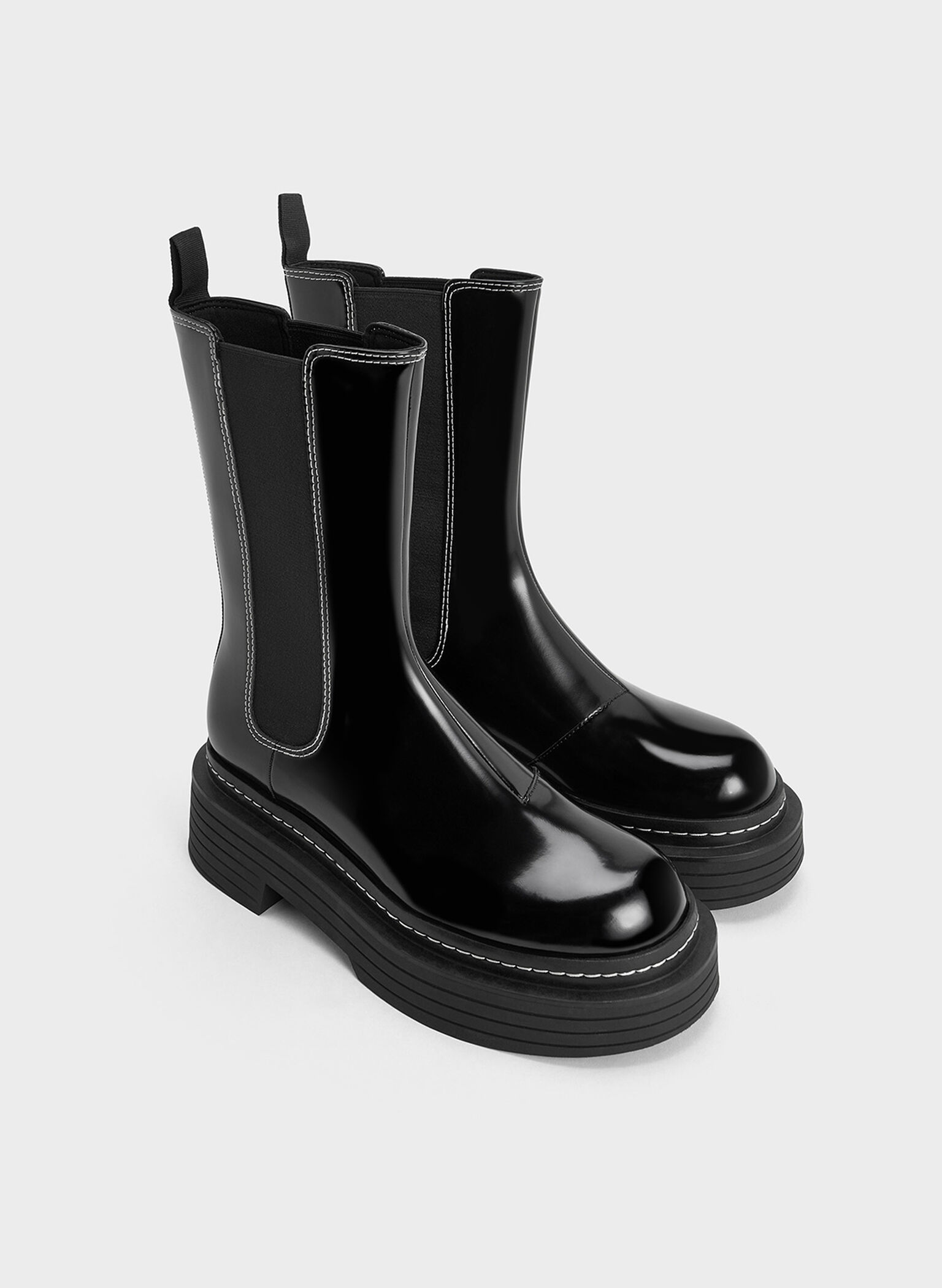 Stitch-Trim Platform Mid-Calf Chelsea Boots, Black Box, hi-res