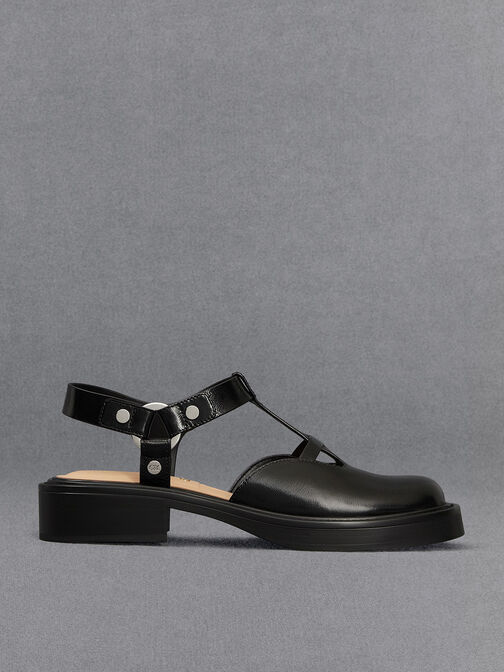 Leather Cut-Out T-Bar Sandals, Black, hi-res