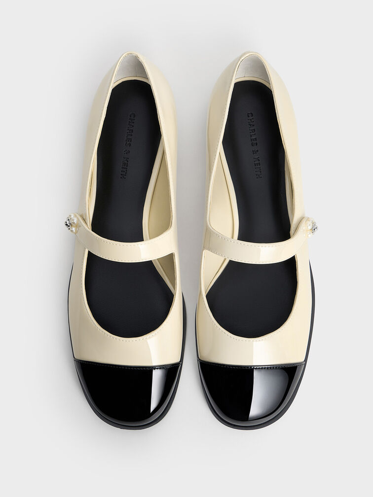 Patent Pearl-Embellished Flower-Buckle Cap-Toe Mary Janes, Chalk, hi-res